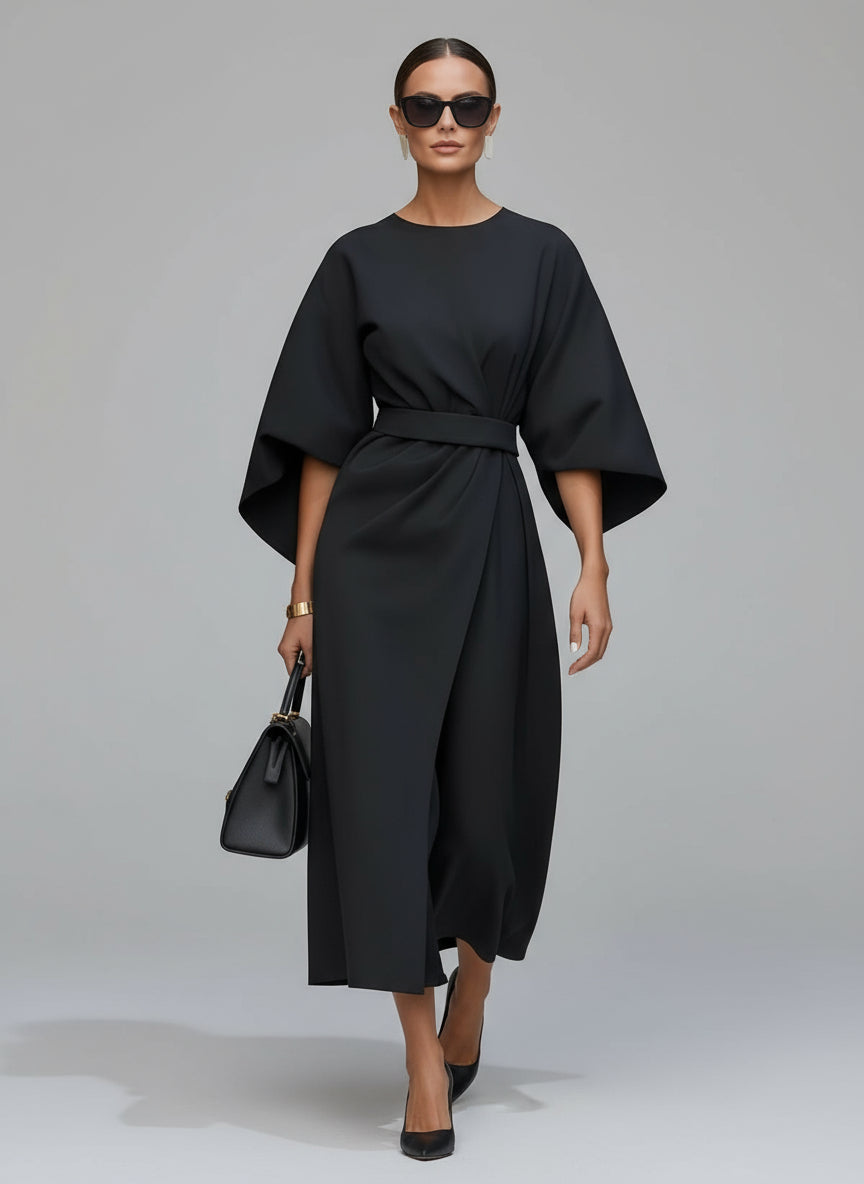 Women’s Flowy Belted Maxi Dress – Elegant Wide-Sleeve Design