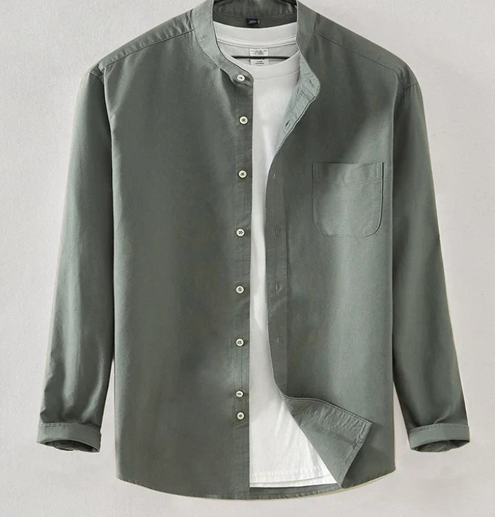 Men's Band Collar Button Down Shirt - Long Sleeve Chest Pocket