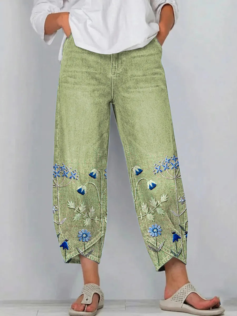 Women's Denim Wide Leg Pants Embroidered