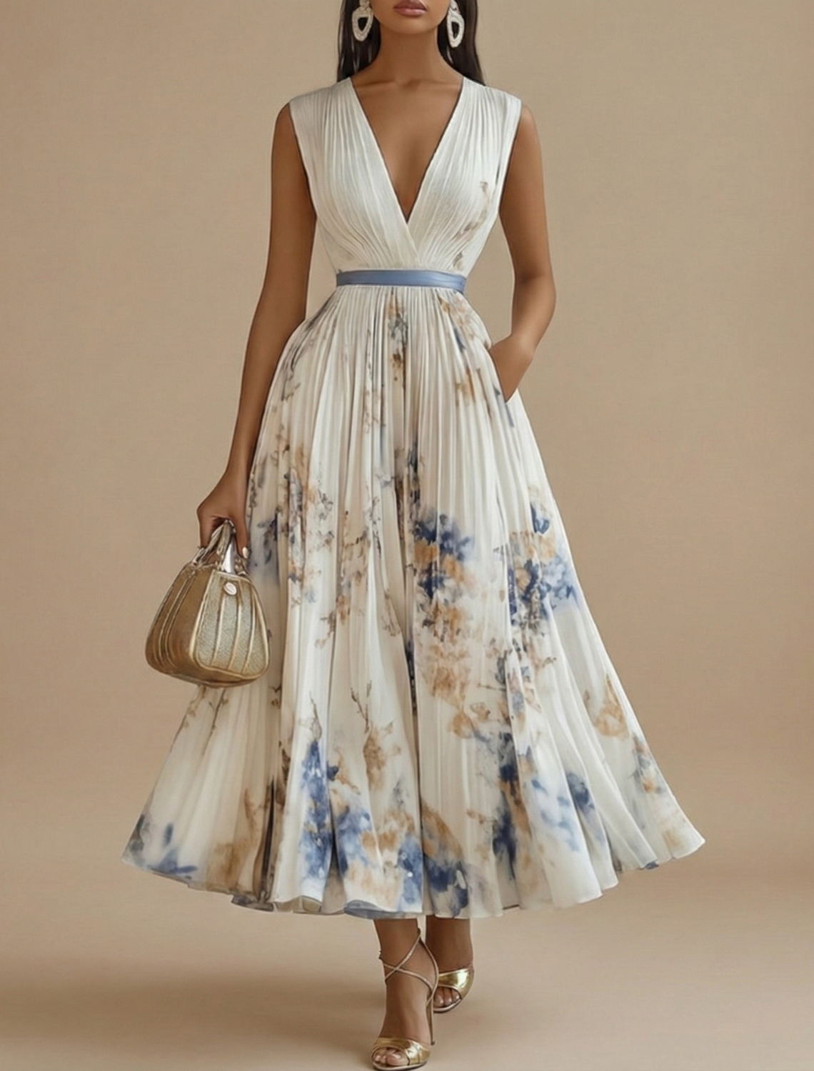 Women’s Sleeveless Pleated Maxi Dress with V-Neck and Defined Waist