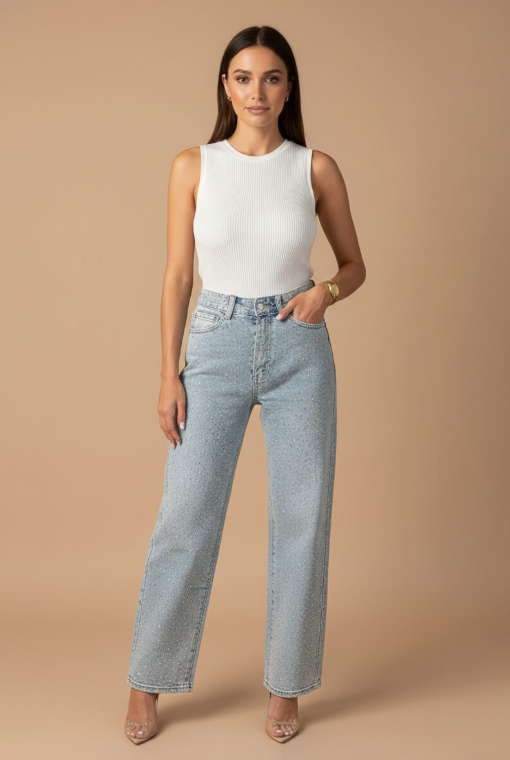 Women’s High-Waist Straight-Leg Jeans with Subtle Sparkle Finish