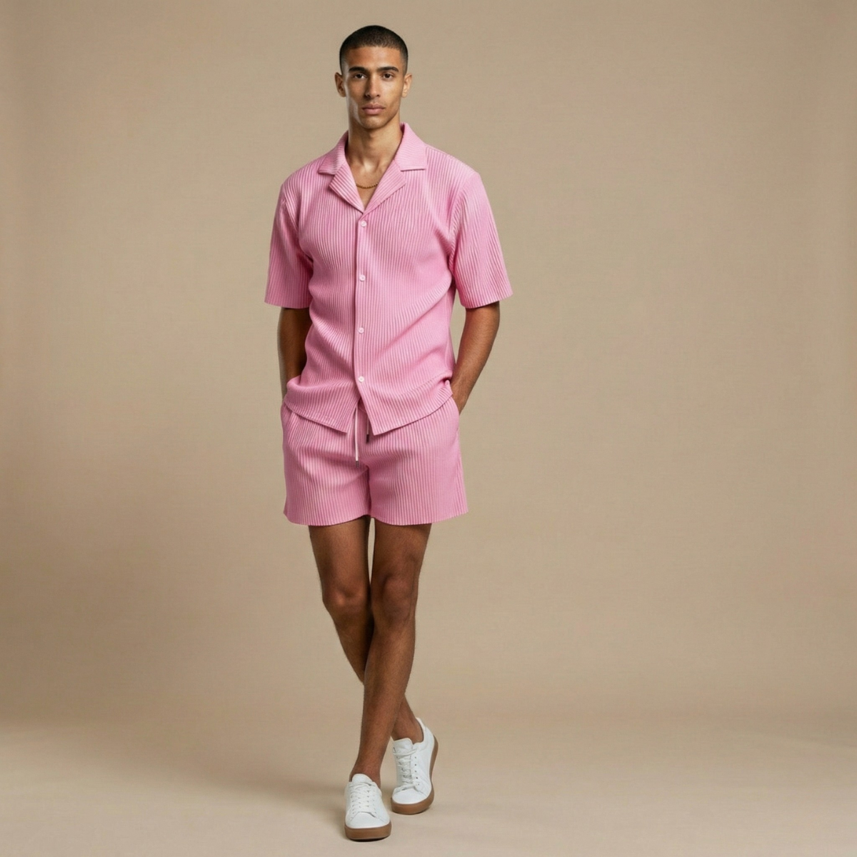 Men’s Two-Piece Set with Short Sleeve Button-Up Shirt and Matching Shorts