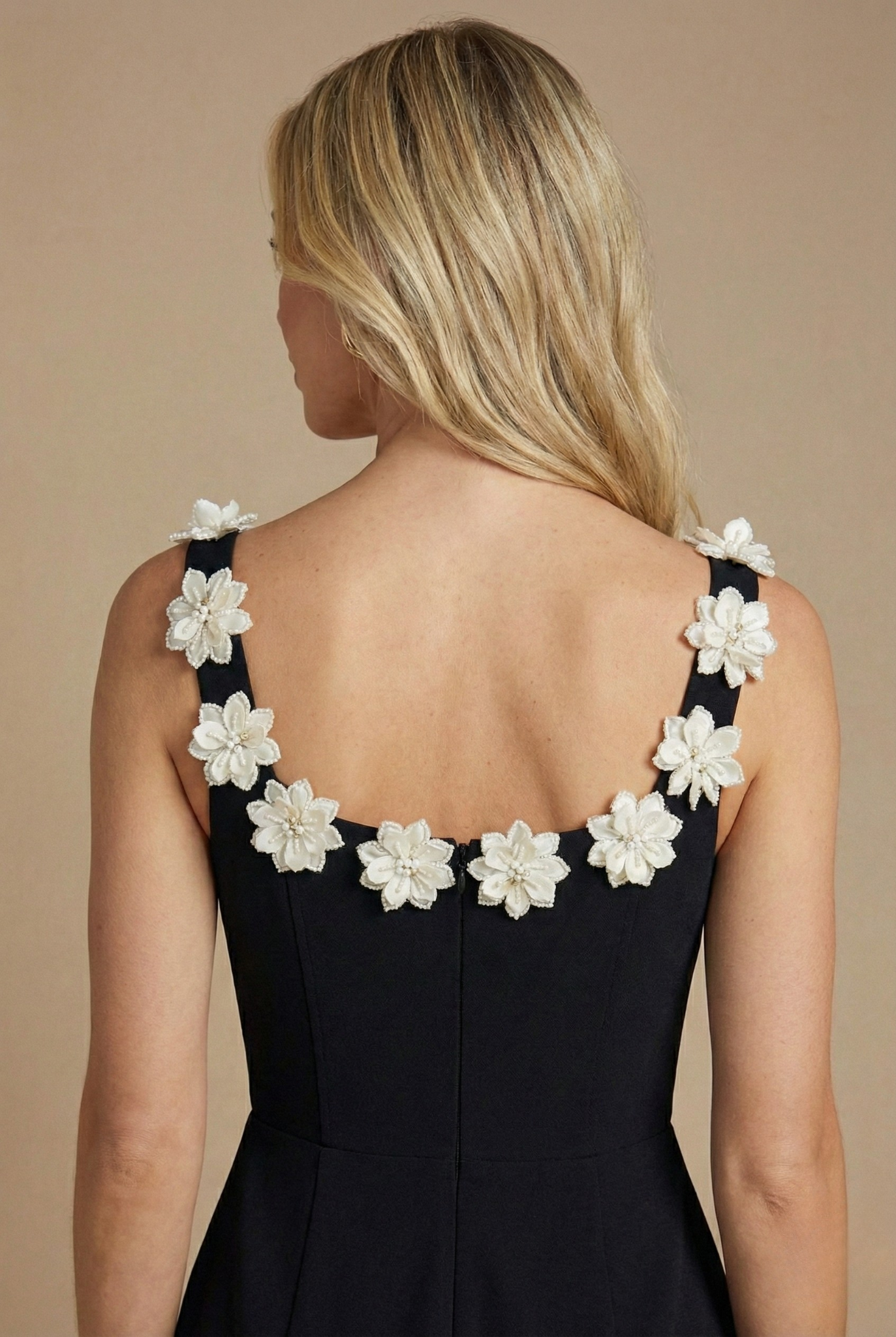 Women’s Sleeveless Mini Dress with Floral Appliqué Neckline and A-Line Skirt