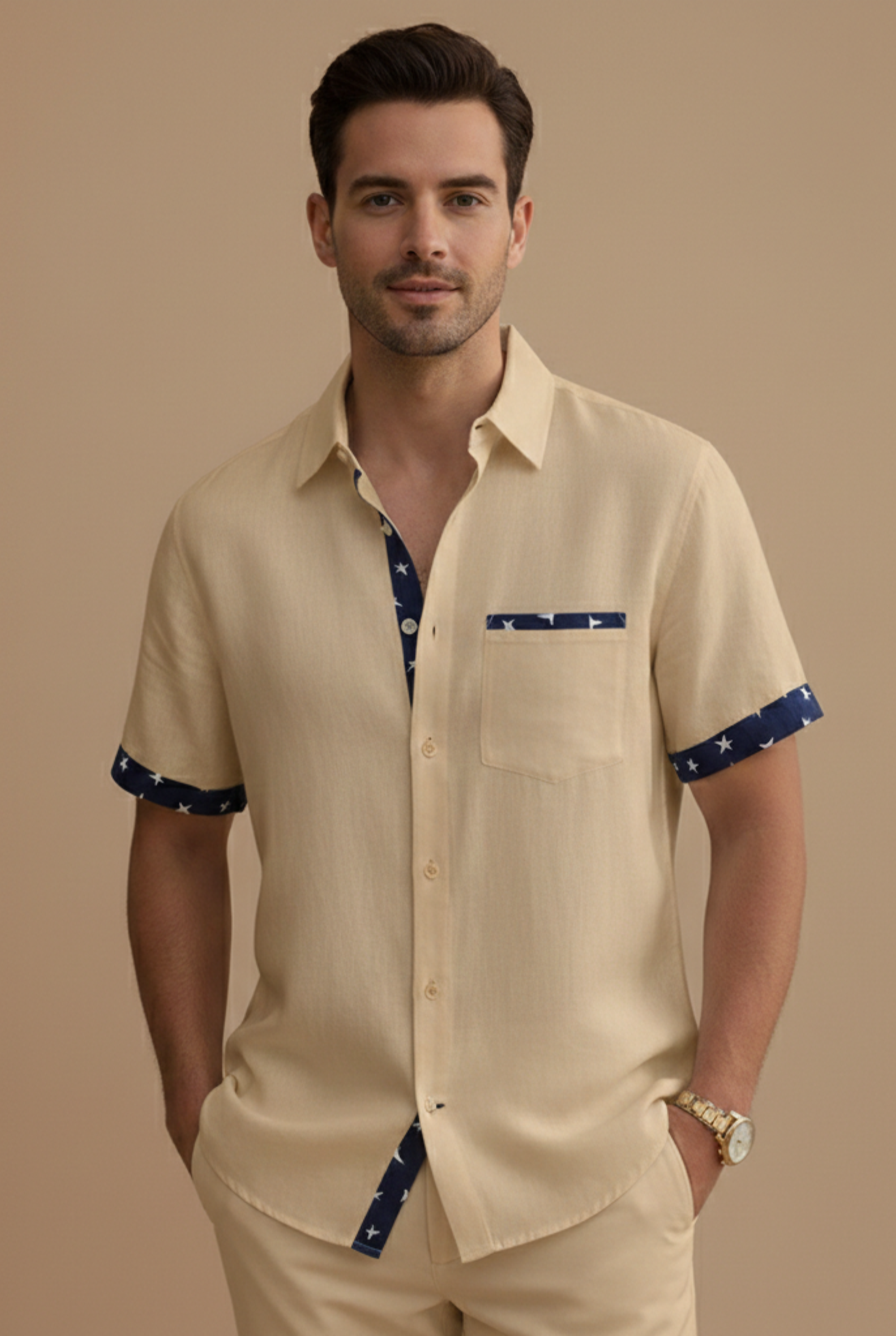 Men’s Short Sleeve Button-Up Shirt with Contrast Trim Details
