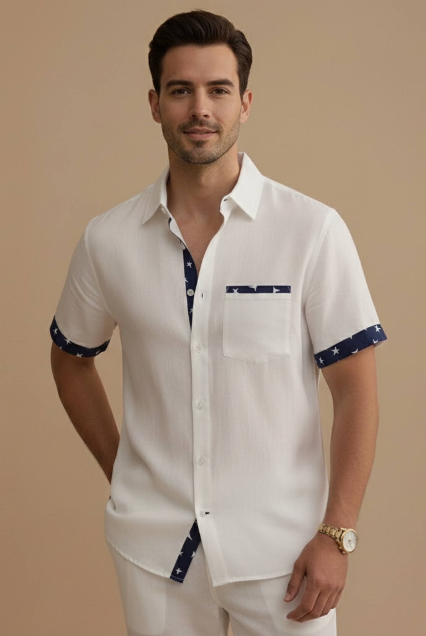 Men’s Short Sleeve Button-Up Shirt with Contrast Trim Details