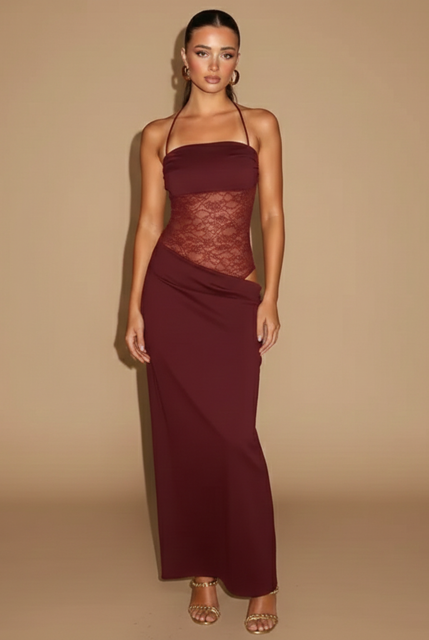 Women’s Lace Panel Maxi Dress with Tie Straps – Sleek Evening Silhouette