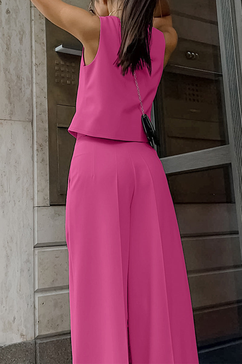 Women's Two Piece Set Button Front Sleeveless Vest - Wide Leg Pants