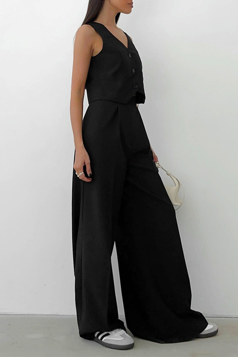 Women's Two Piece Set Button Front Sleeveless Vest - Wide Leg Pants