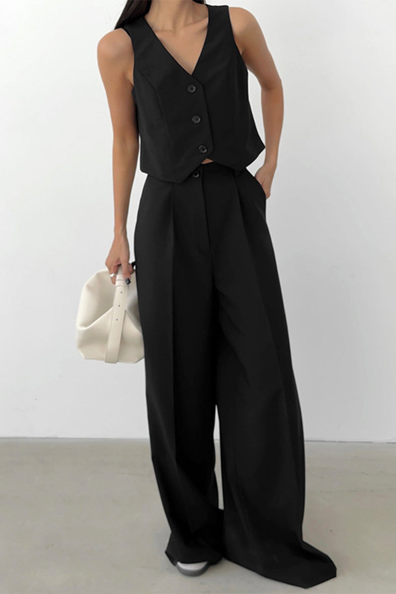 Women's Two Piece Set Button Front Sleeveless Vest - Wide Leg Pants