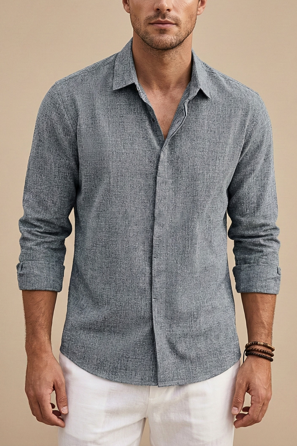 Men’s Long Sleeve Linen Button-Up Shirt with Spread Collar