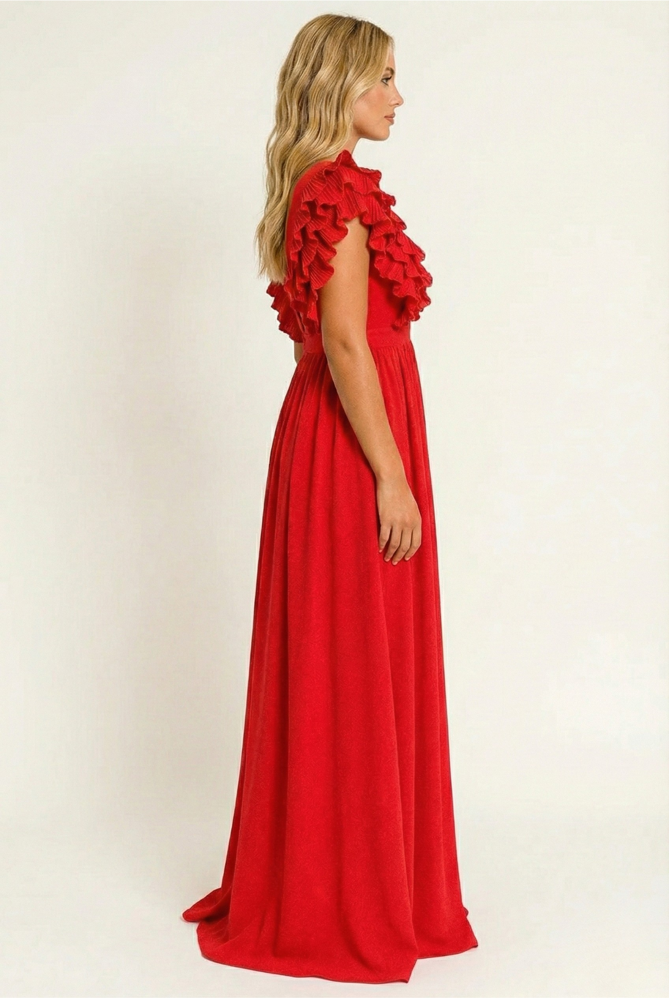 Women’s Ruffle Sleeve Maxi Dress with Plunge Neckline