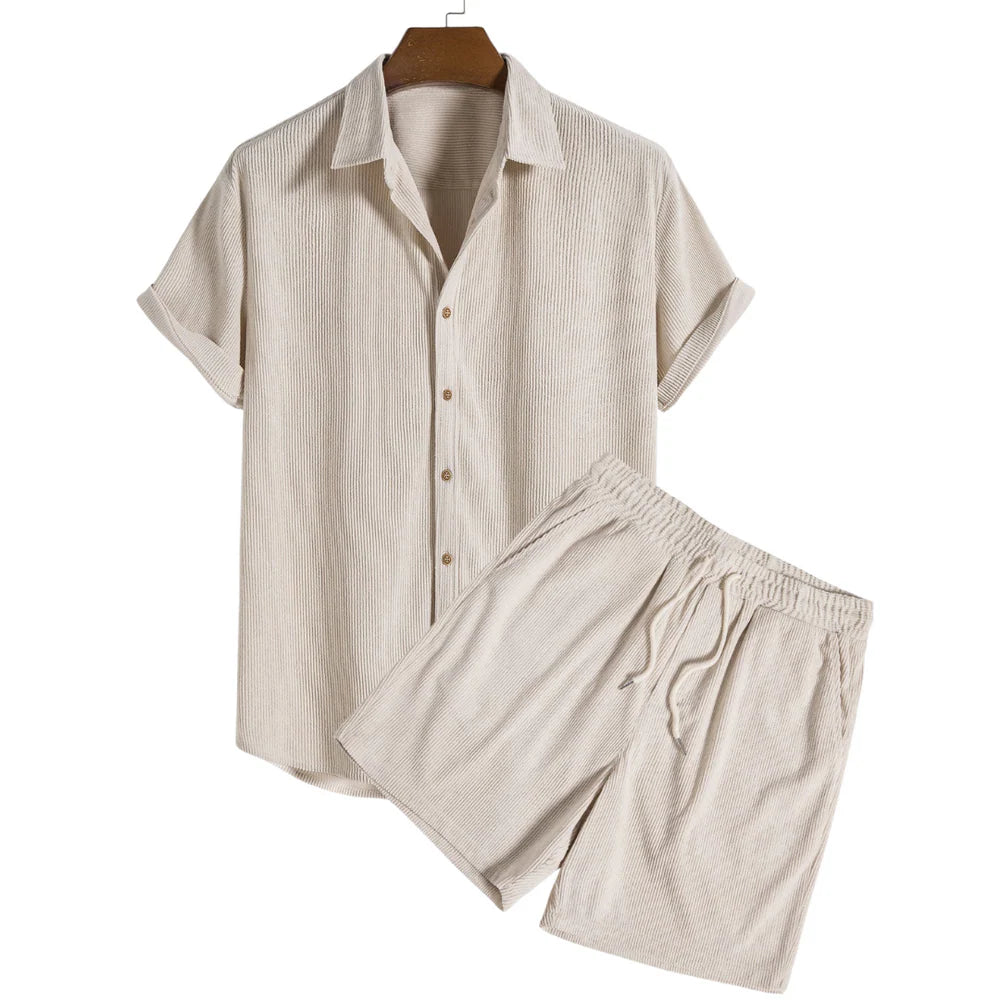 Men's Textured Short-Sleeve Button-Front Shirt and Shorts Set