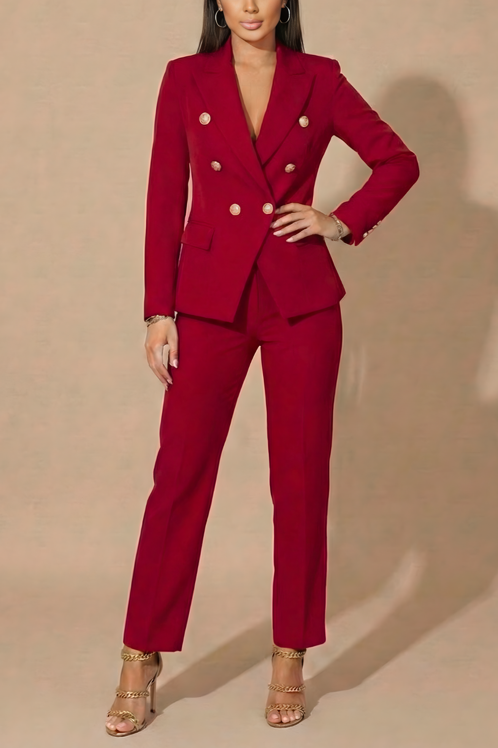 Women’s Two-Piece Suit with Double-Breasted Blazer Jacket and Tailored Pants