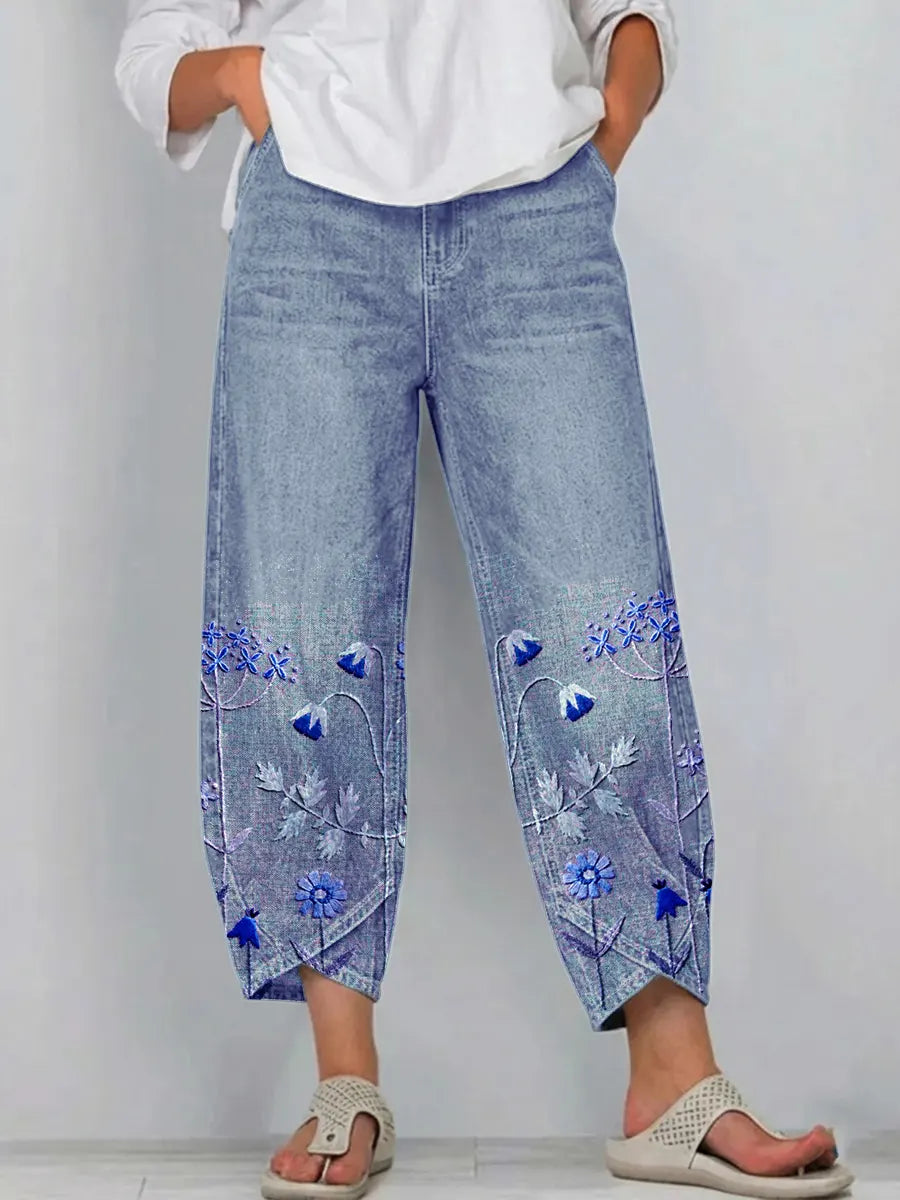 Women's Denim Wide Leg Pants Embroidered