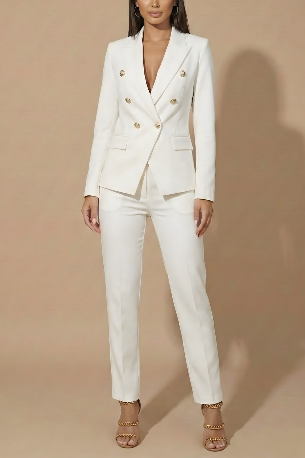 Women’s Two-Piece Suit with Double-Breasted Blazer Jacket and Tailored Pants