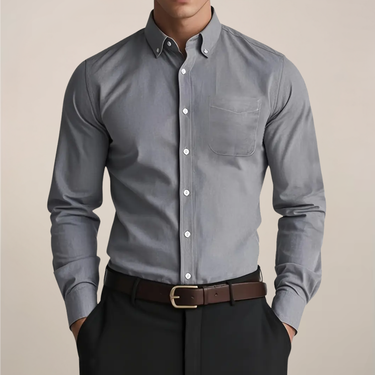 Men’s Long Sleeve Button-Up Shirt with Button-Down Collar and Chest Pocket