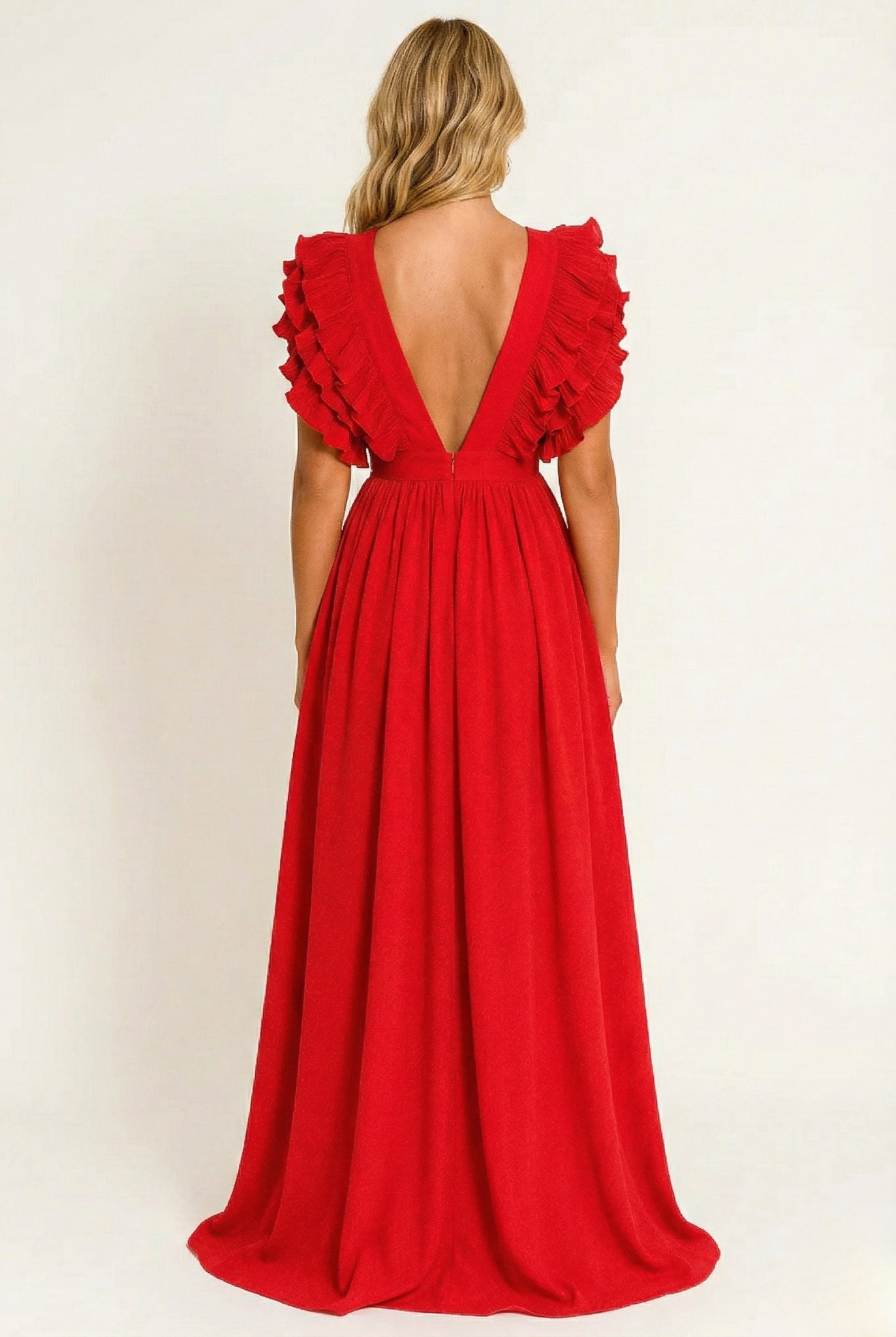 Women’s Ruffle Sleeve Maxi Dress with Plunge Neckline