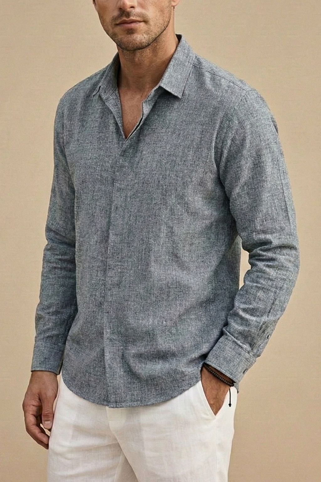 Men’s Long Sleeve Linen Button-Up Shirt with Spread Collar
