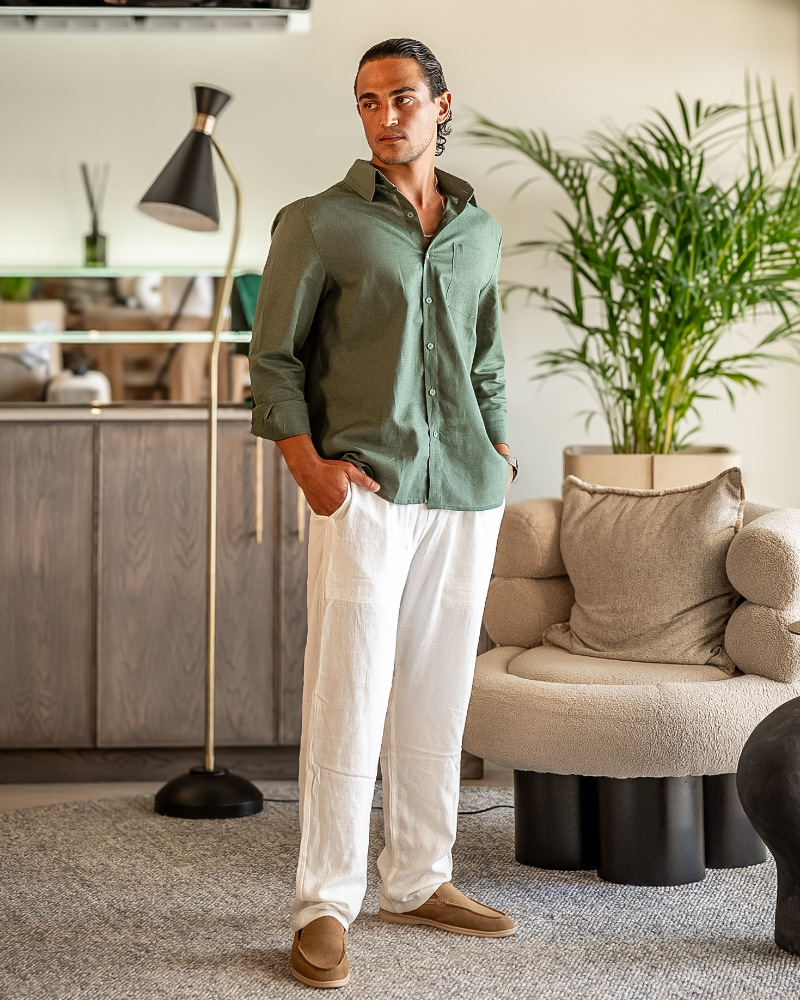 Men’s Two-Piece Linen Set with Long Sleeve Button-Up Shirt and Drawstring Pants