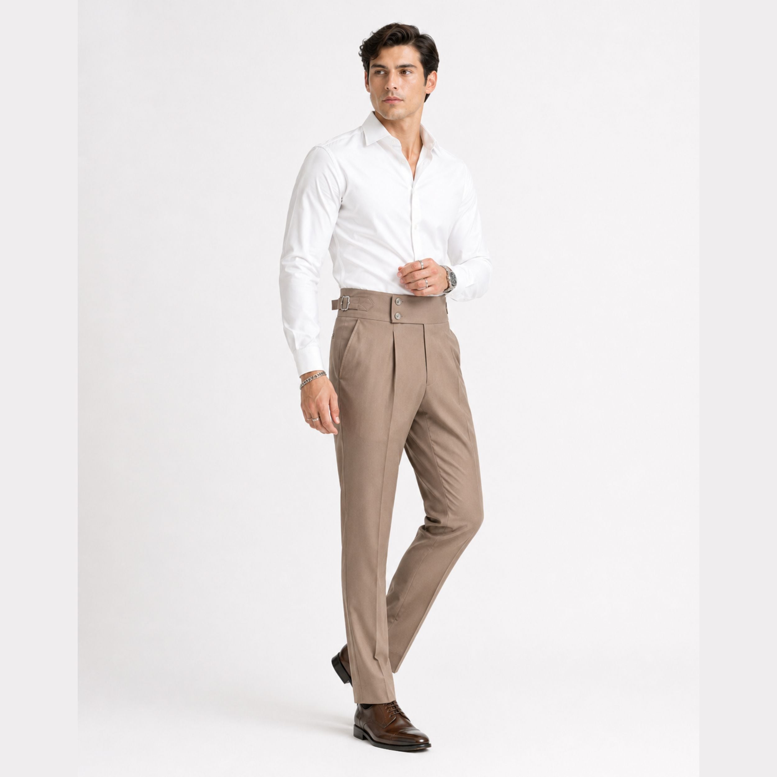 Men's High Waisted Pleated Pants Double Button Relaxed Fit