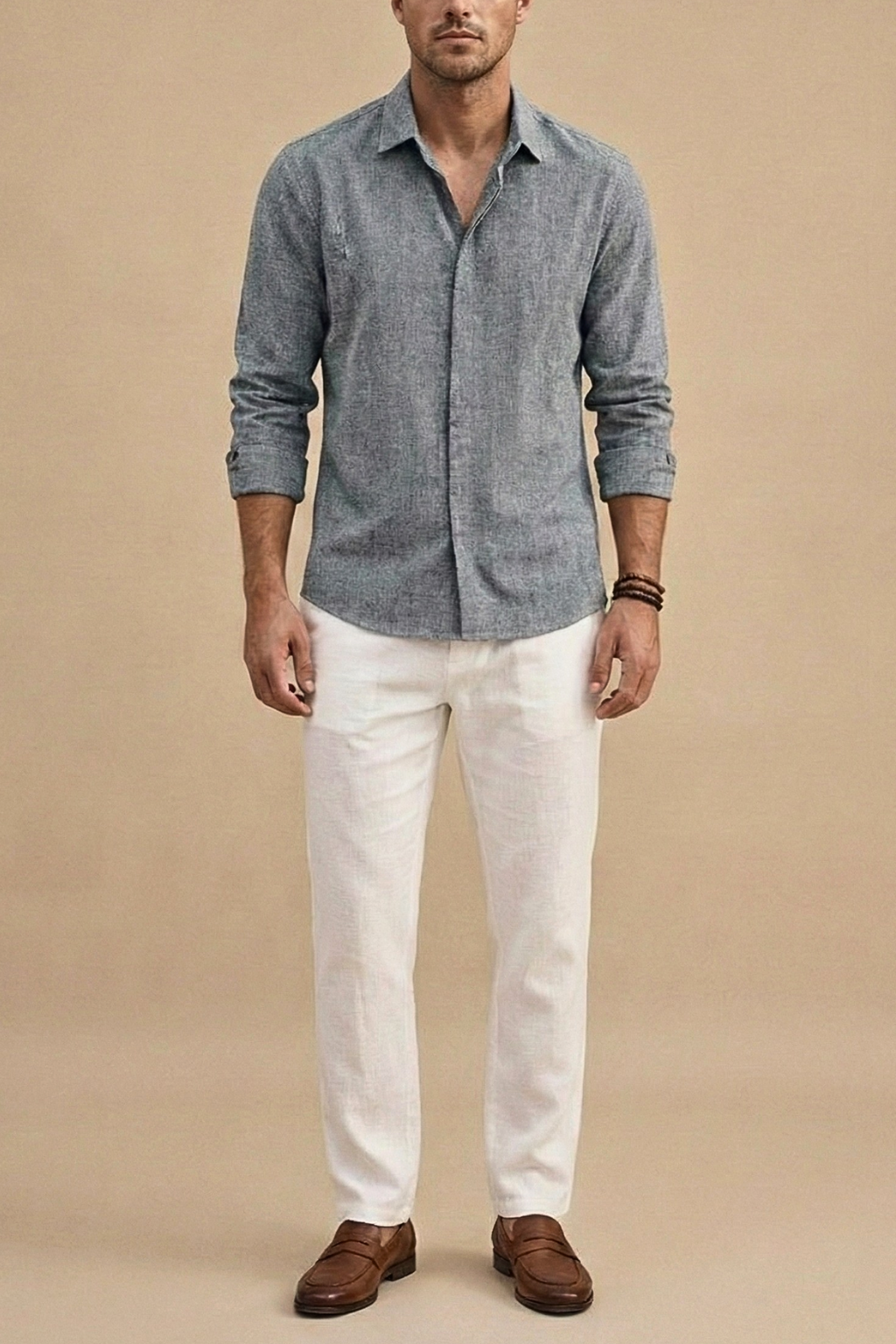 Men’s Long Sleeve Linen Button-Up Shirt with Spread Collar