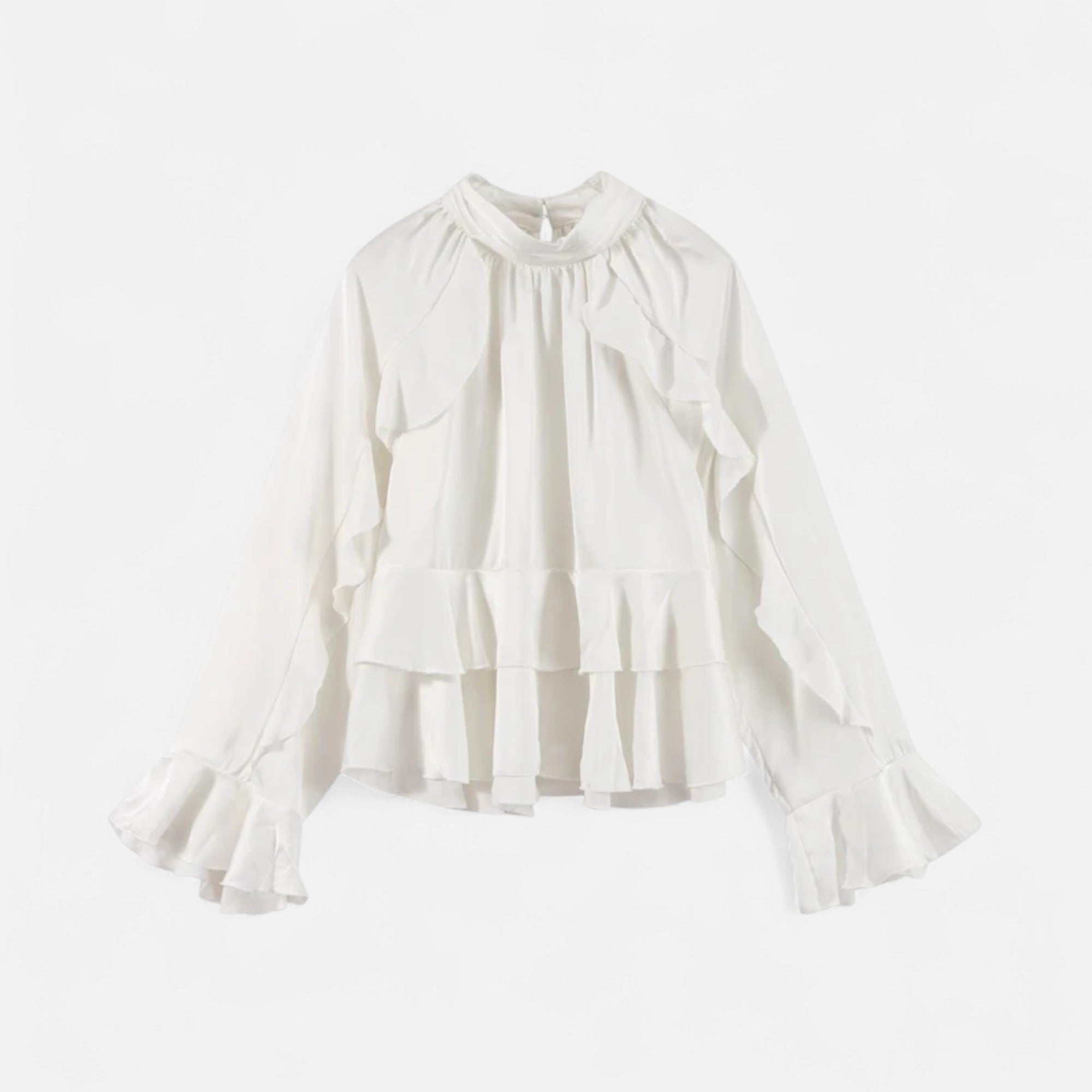 Women’s Elegant Ruffled Blouse with High Neckline and Soft Flowing Silhouette