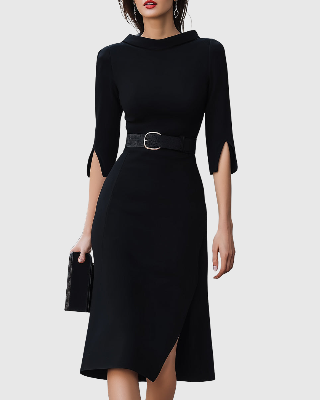 Women’s Three-Quarter Sleeve Midi Dress with Belted Waist and Front Slit