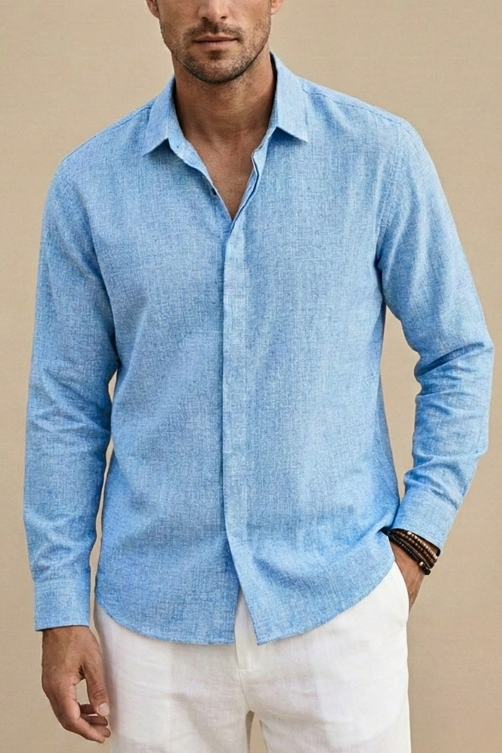 Men’s Long Sleeve Linen Button-Up Shirt with Spread Collar