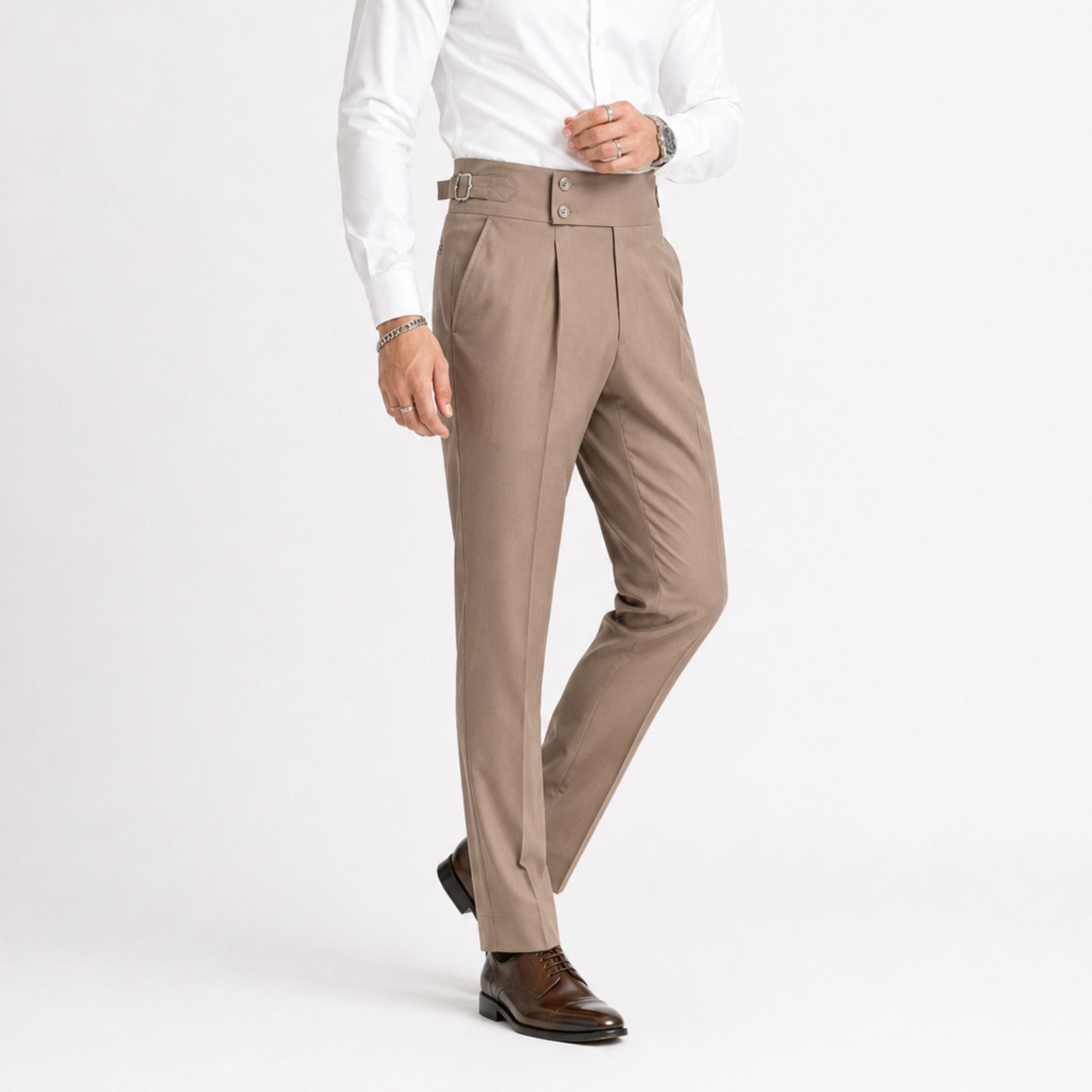 Men's High Waisted Pleated Pants Double Button Relaxed Fit