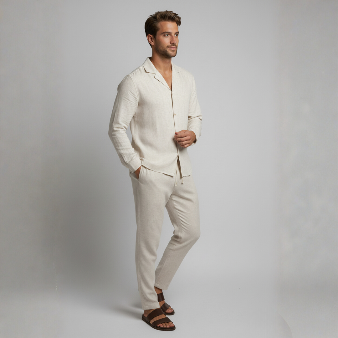 Men’s Refined Linen Summer Two-Piece Set – Relaxed Shirt and Tailored Trousers