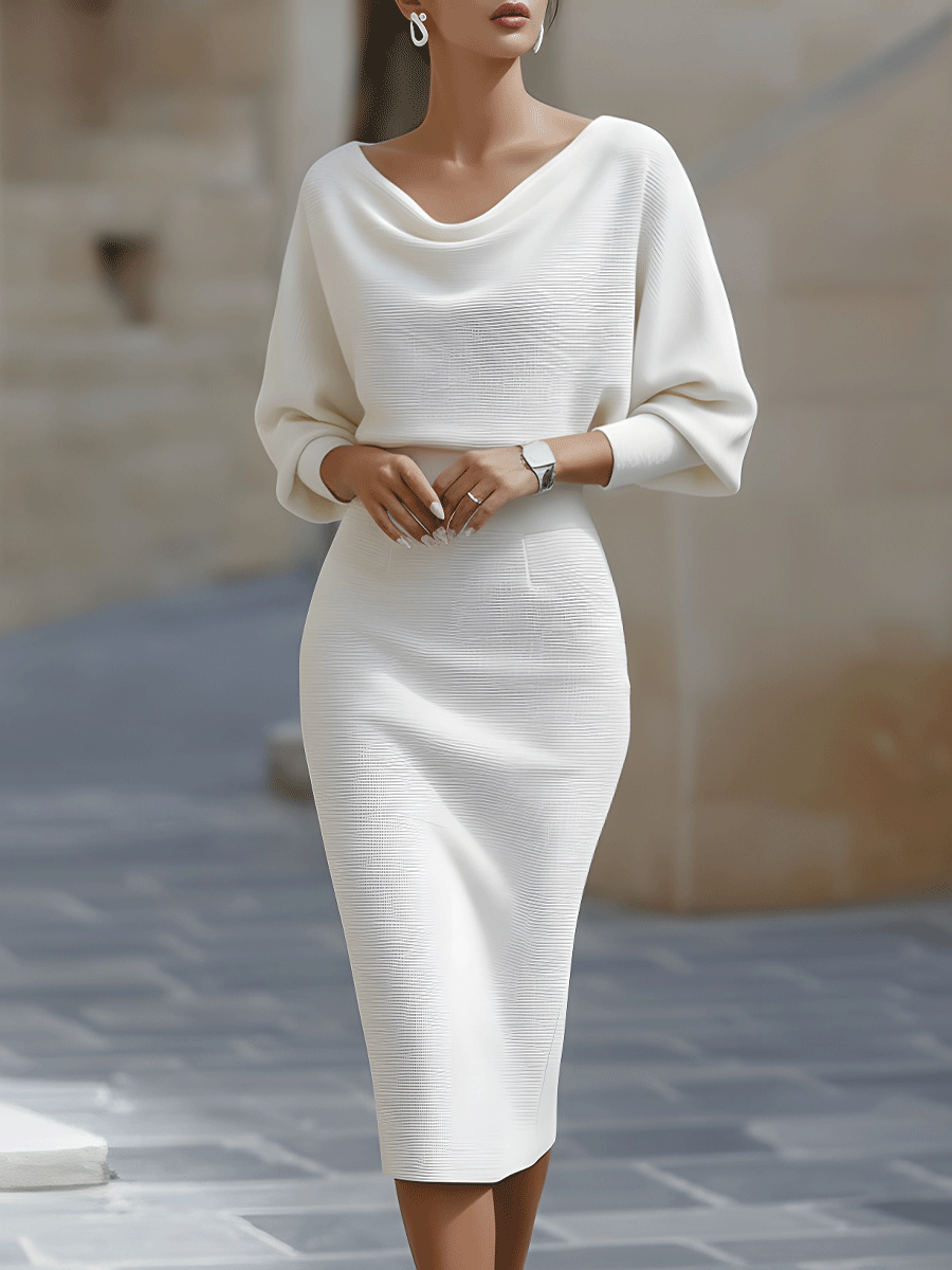 Women’s Long Sleeve Midi Dress with Draped Neckline and Batwing Sleeves