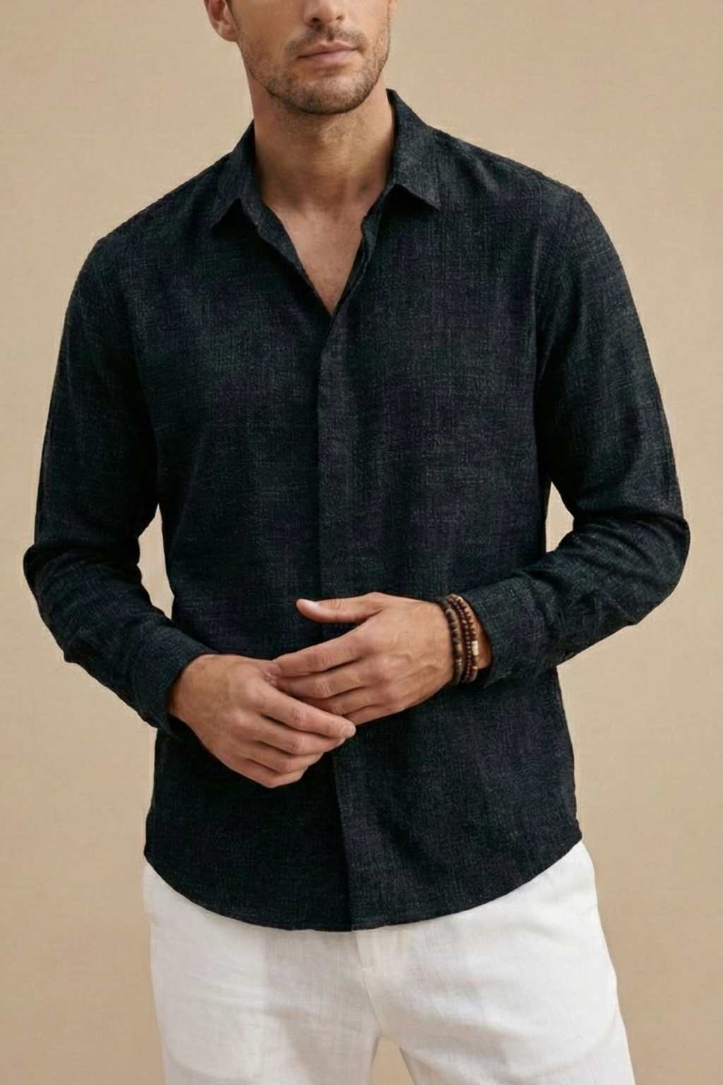 Men’s Long Sleeve Linen Button-Up Shirt with Spread Collar