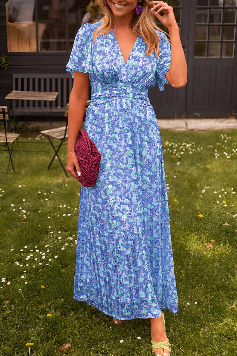 Robe maxi à manches courtes en V avec imprimé floral et taille smockée pour femmes