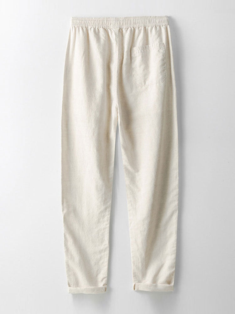 Ensemble en lin pour hommes - Chemise à manches courtes à boutons et pantalons à cordon de serrage