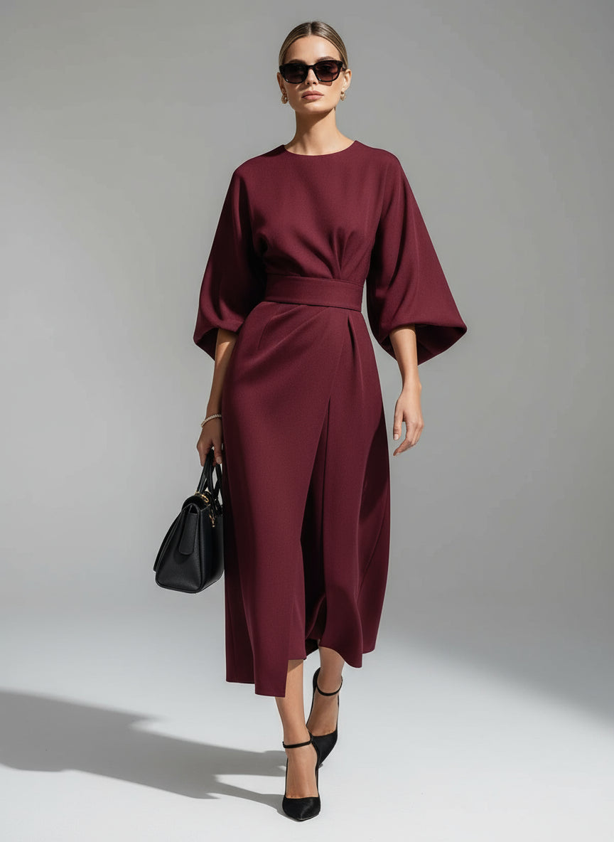 Women’s Flowy Belted Maxi Dress – Elegant Wide-Sleeve Design