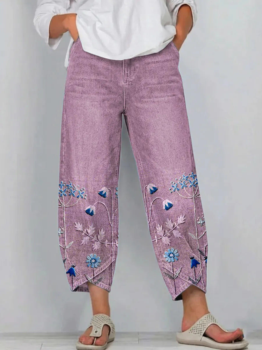 Women's Denim Wide Leg Pants Embroidered