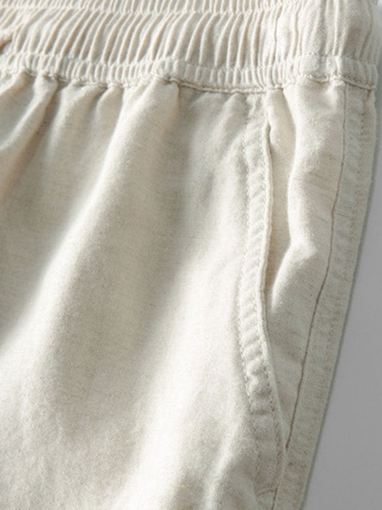 Ensemble en lin pour hommes - Chemise à manches courtes à boutons et pantalons à cordon de serrage