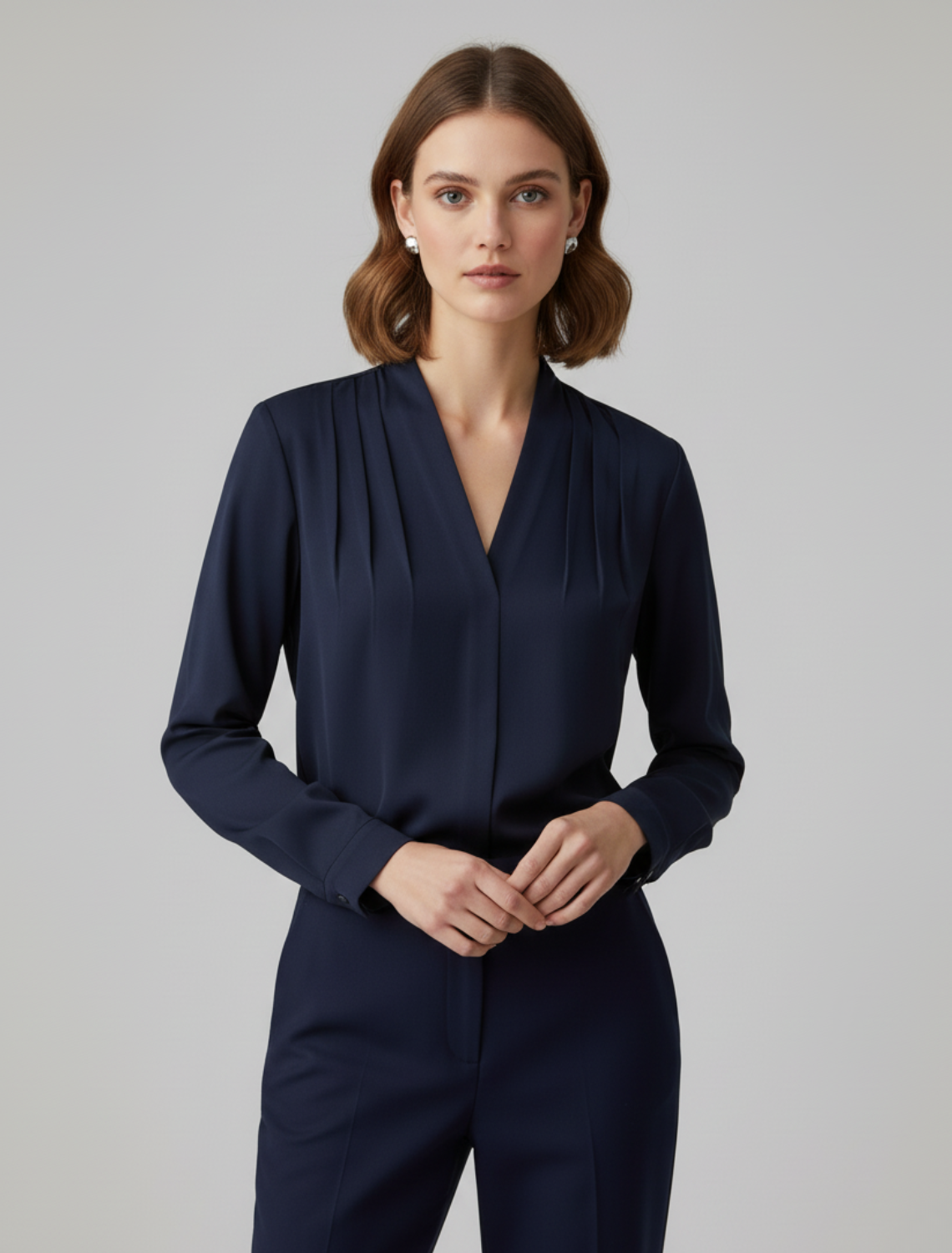 Women’s Long Sleeve Blouse with V-Neckline and Gathered Shoulder Detail