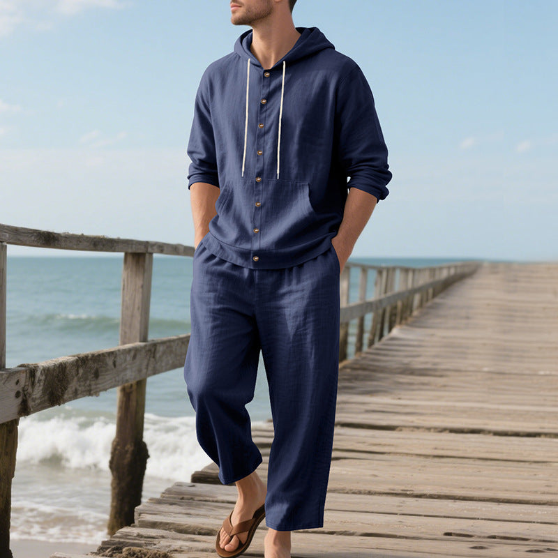 Men's Linen Two Piece Set - Long Sleeve Hooded Button-Up Shirt and Drawstring Pants