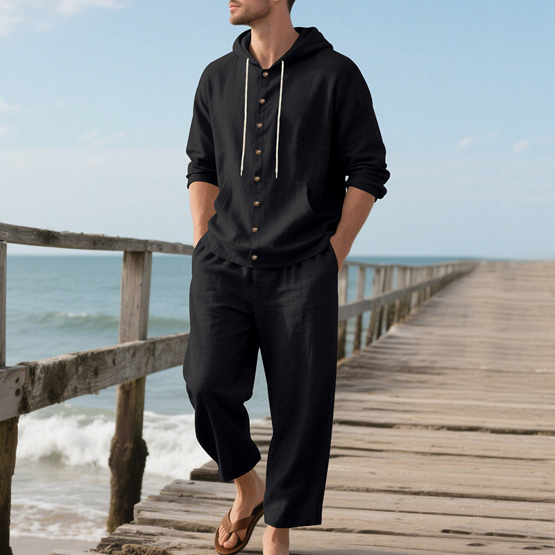 Men's Linen Two Piece Set - Long Sleeve Hooded Button-Up Shirt and Drawstring Pants