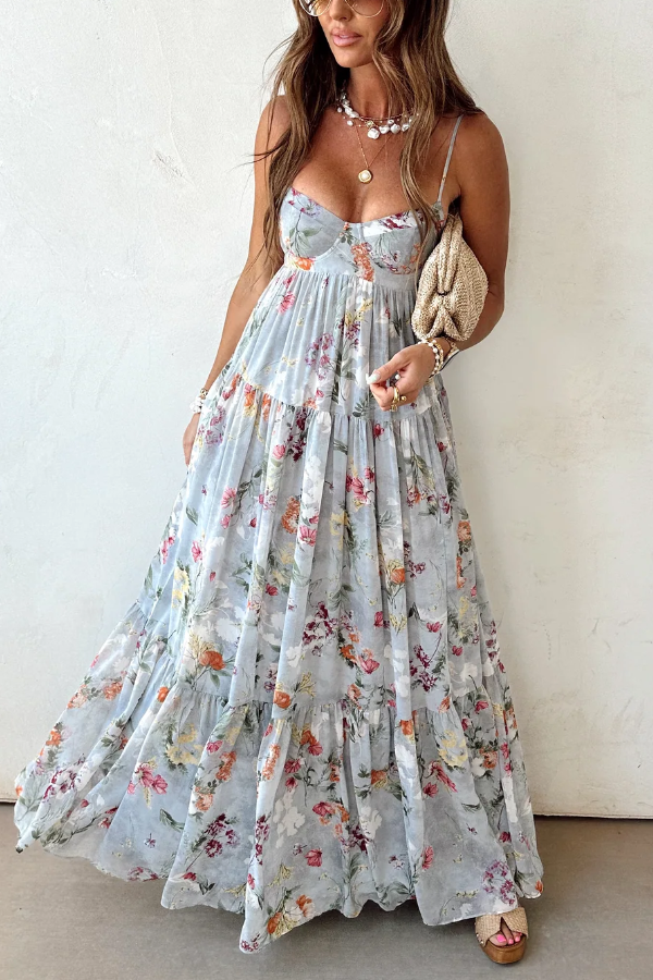 Women's Floral Tiered Maxi Dress Strapless