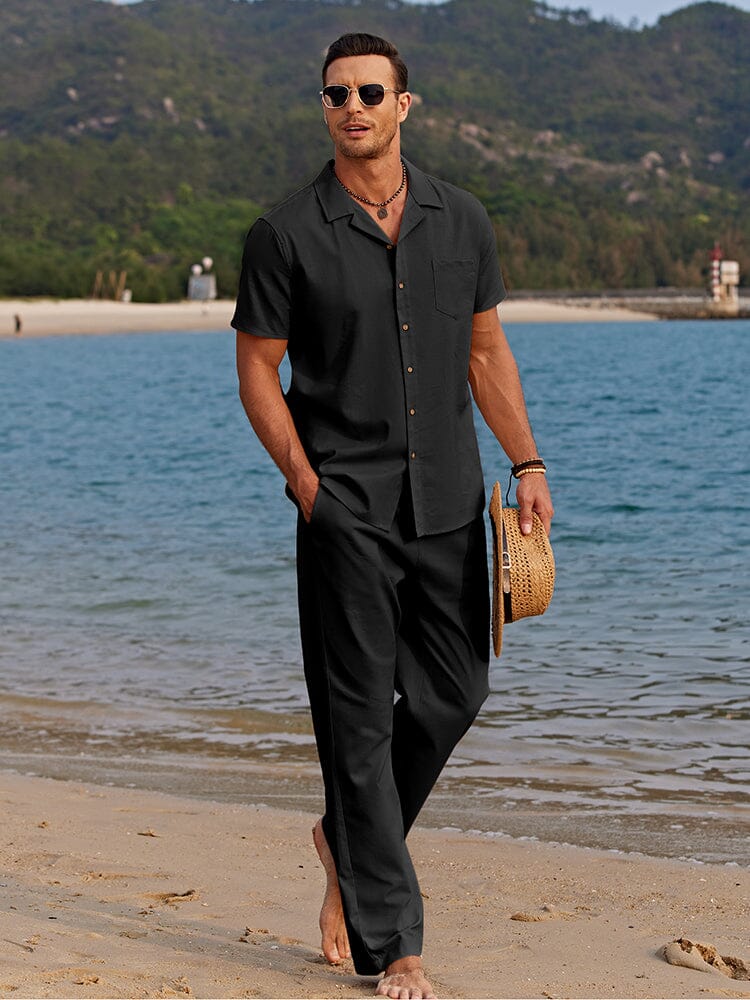 Men’s Short Sleeve Button-Up Shirt and Pants Two-Piece Linen Set