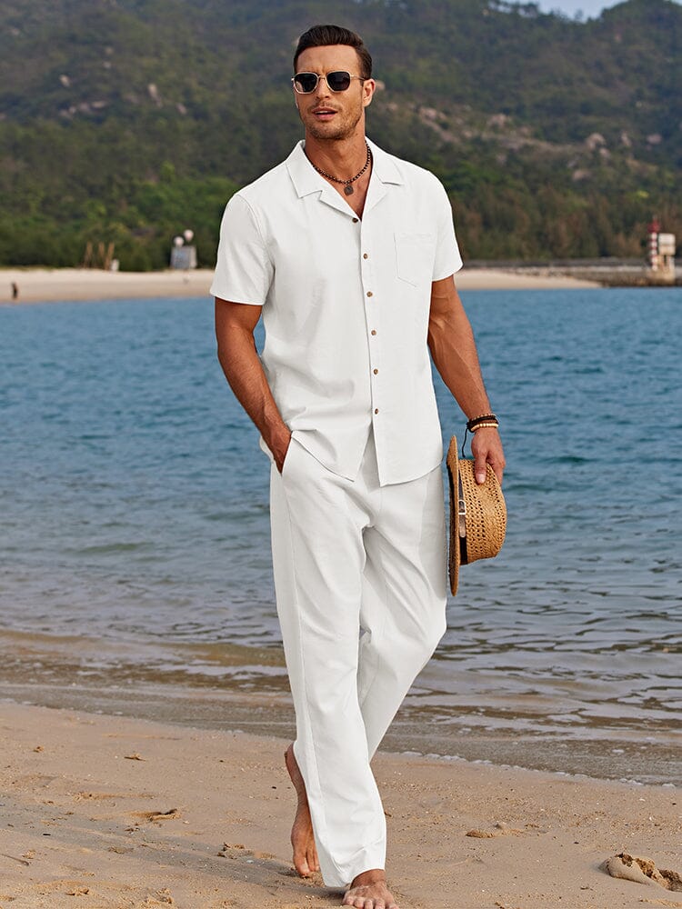 Men’s Short Sleeve Button-Up Shirt and Pants Two-Piece Linen Set