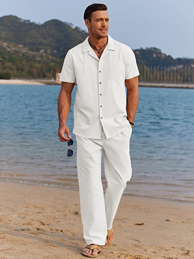 Men’s Short Sleeve Button-Up Shirt and Pants Two-Piece Linen Set