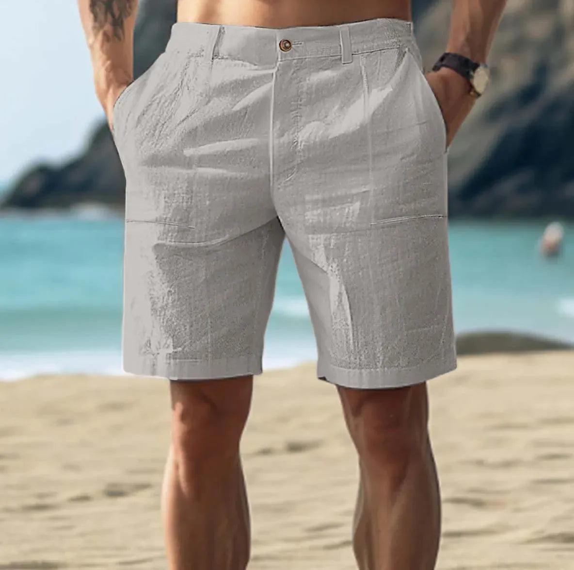 Shorts en lin à cordon à coupe relaxée et longueur genou pour hommes