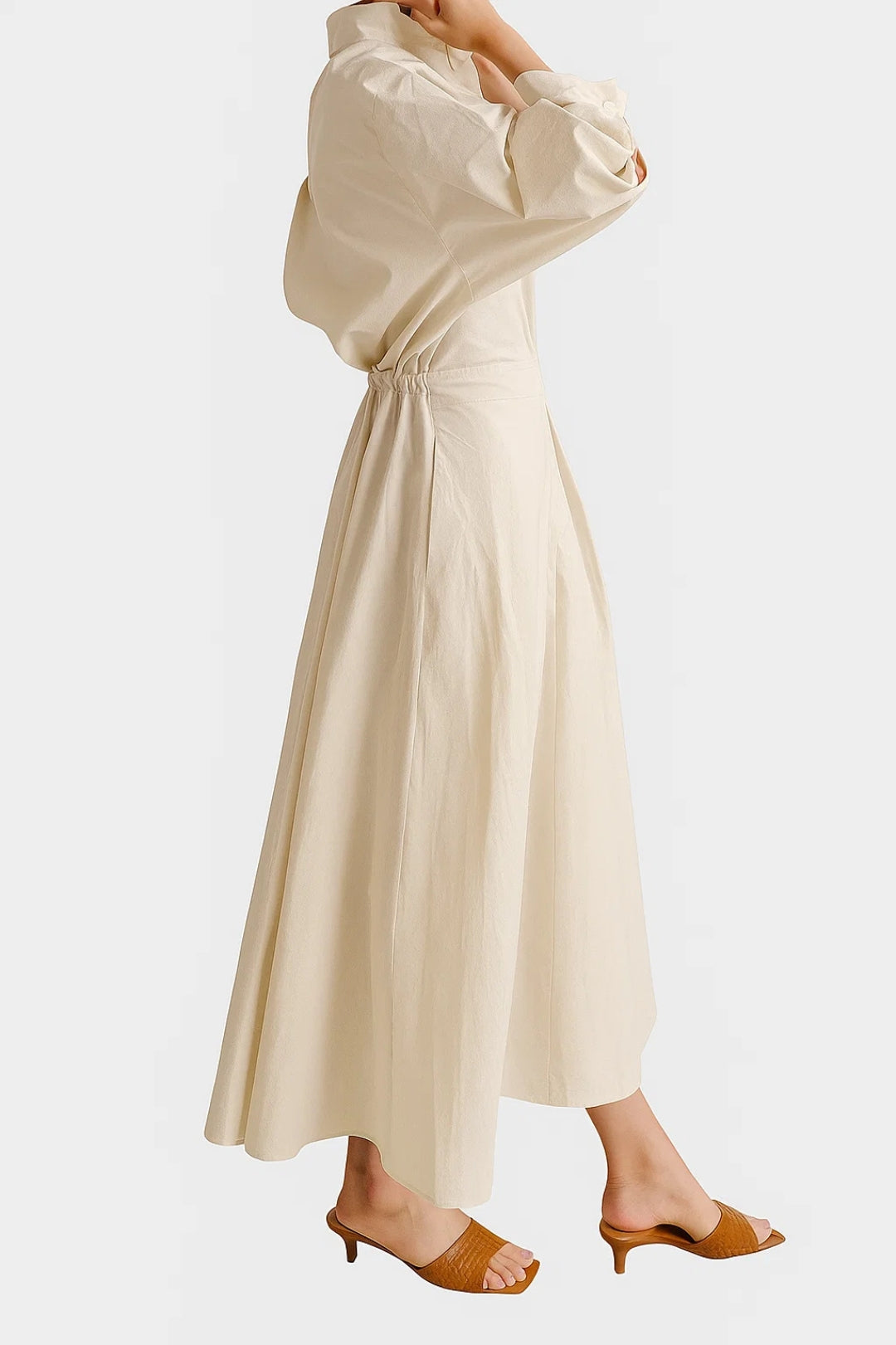 Women’s Midi Shirt Dress – Relaxed Fit with Three-Quarter Sleeves and Defined Waist