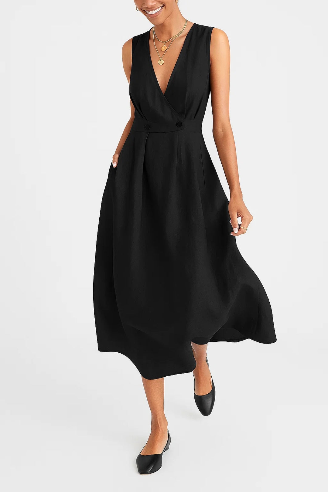 Women’s Sleeveless Midi Dress with Wrap V-Neck and Flared Skirt