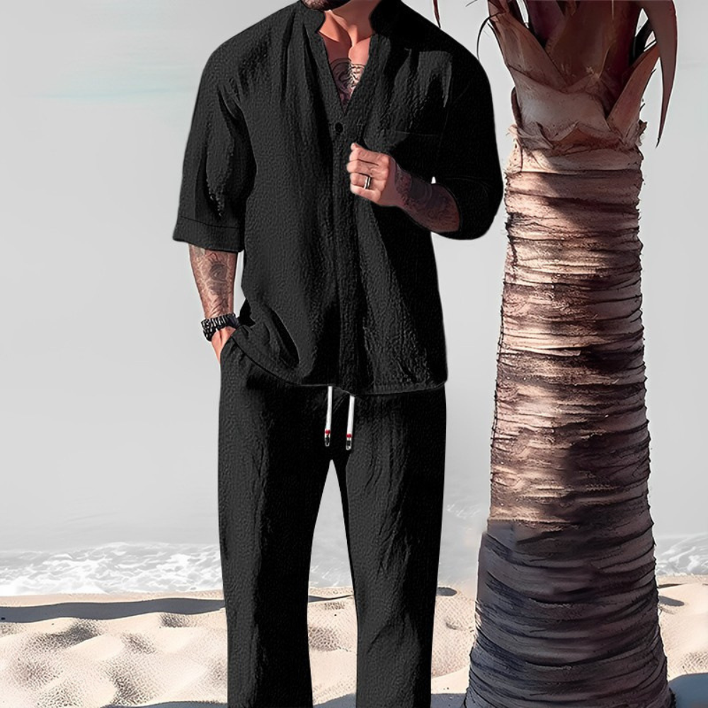 Men's Linen Two Piece Set Short Sleeve Shirt Relaxed Pants