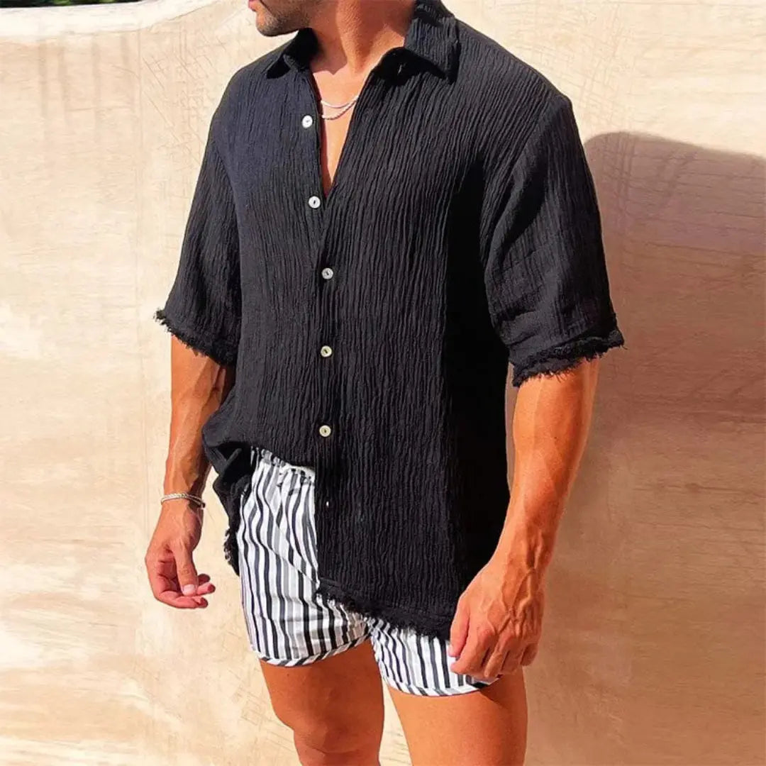 Men's Short Sleeve Button-Front Shirt with Frayed Hem