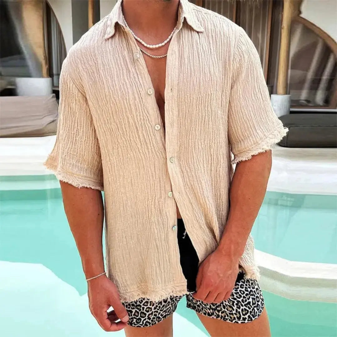 Men's Short Sleeve Button-Front Shirt with Frayed Hem